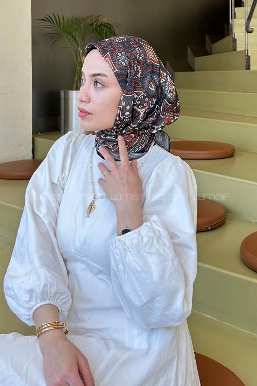 Lamelif Retro Desen Soft Eşarp Siyah Kiremit