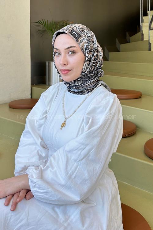 Lamelif Retro Desen Soft Eşarp Siyah Vizon