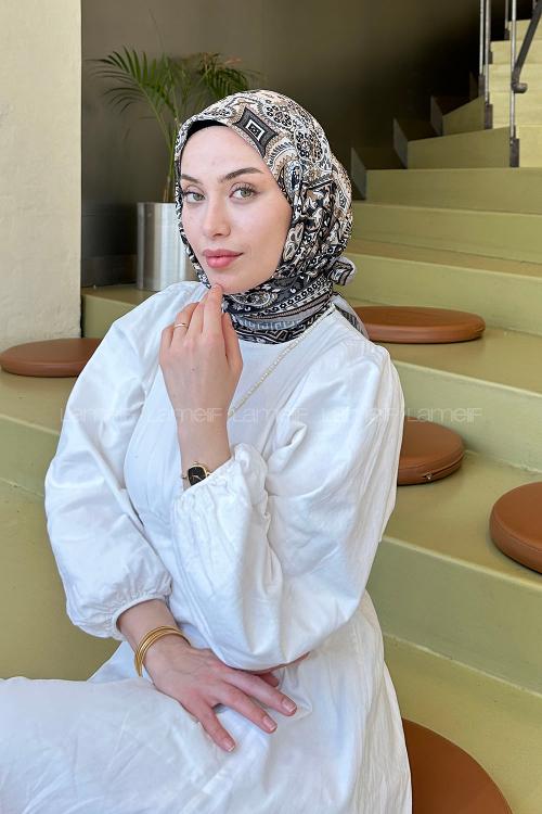 Lamelif Retro Desen Soft Eşarp Siyah Vizon