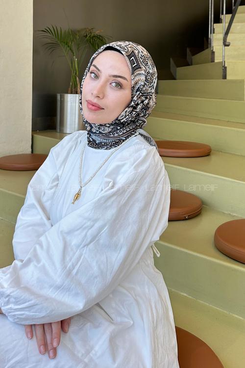 Lamelif Retro Desen Soft Eşarp Siyah Vizon