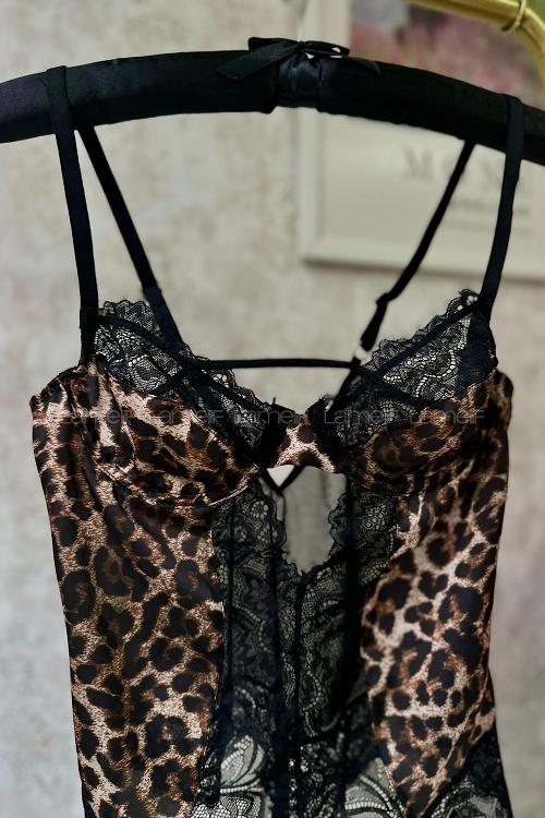 Lamelif Saten Leopar Dantel  Body Suit