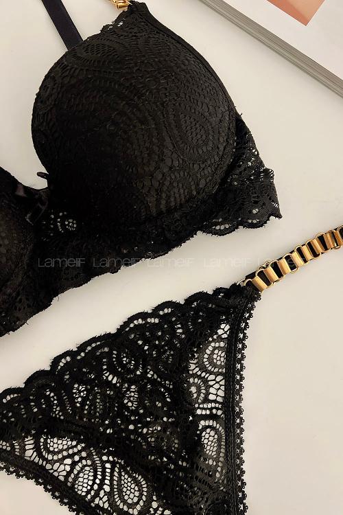 Lamelif Dantelli Destekli Sütyen Takım Siyah Renk