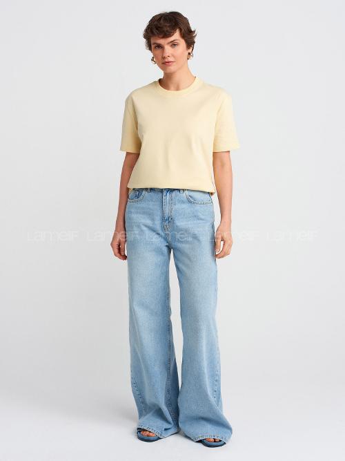 Lamelif Dilvin 30312 Dekoratif Dikişli Bisiklet Yaka Tshirt Sarı