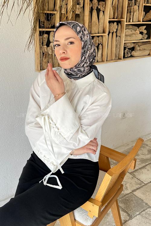 Lamelif Retro Desen Soft Eşarp Siyah Vizon