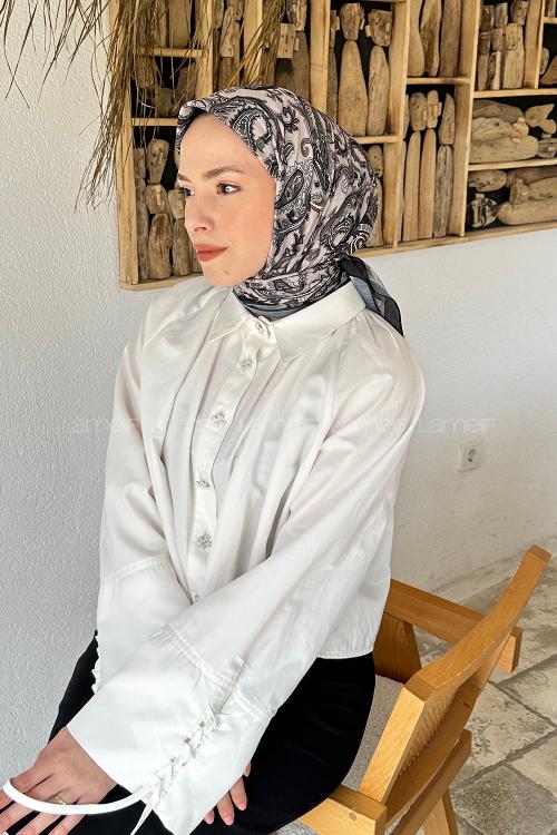 Lamelif Retro Desen Soft Eşarp Siyah Vizon