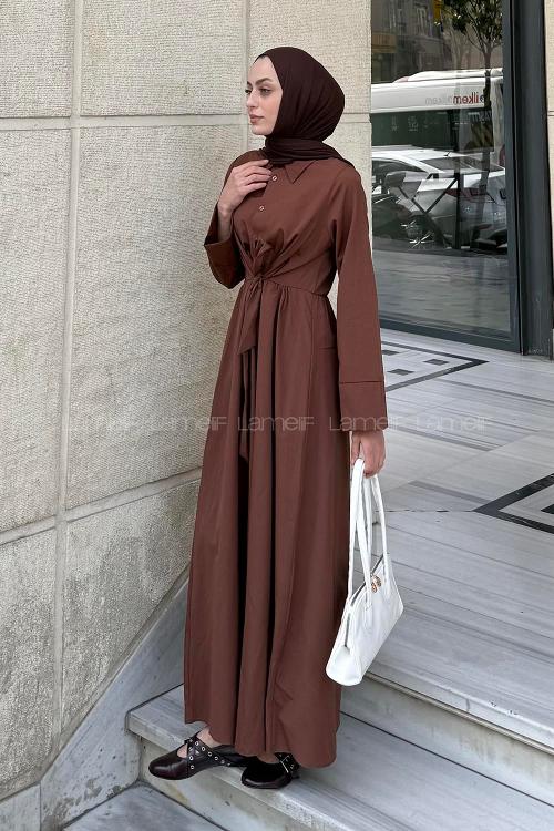 Lamelif Ön Bağlama Detaylı Tesettür Elbise Acı Kahve