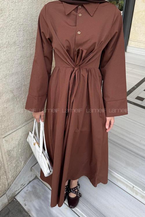 Lamelif Ön Bağlama Detaylı Tesettür Elbise Acı Kahve