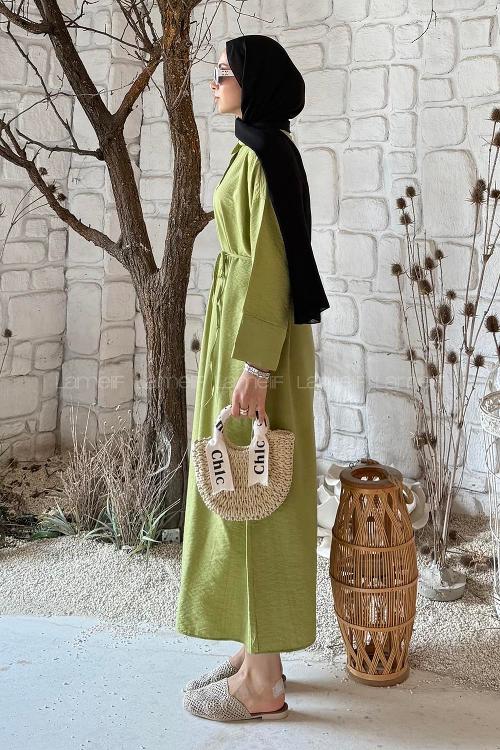 Lamelif Pat Detaylı Elbise Fıstık Yeşili