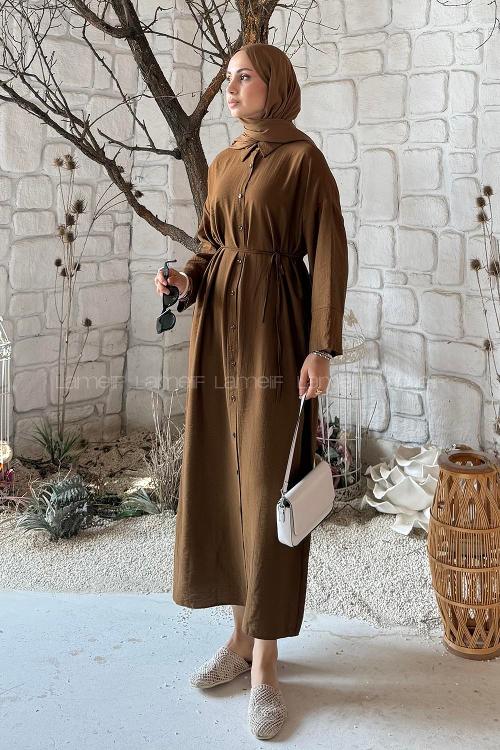 Lamelif Pat Detaylı Elbise Kahve