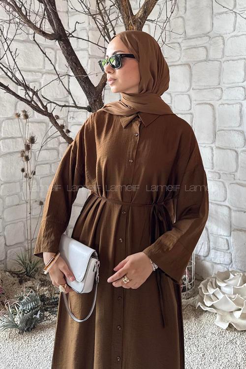 Lamelif Pat Detaylı Elbise Kahve