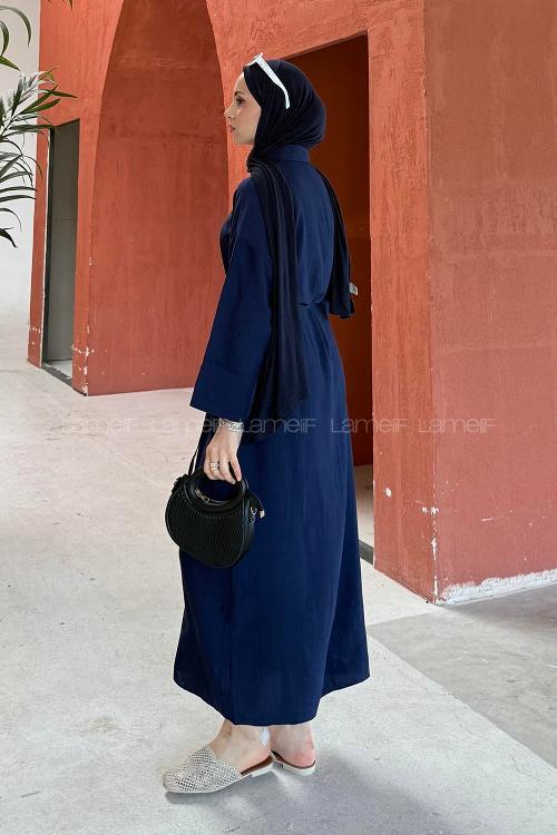 Lamelif Pat Detaylı Elbise Lacivert