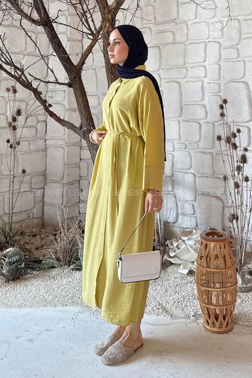 Lamelif Pat Detaylı Elbise Sarı