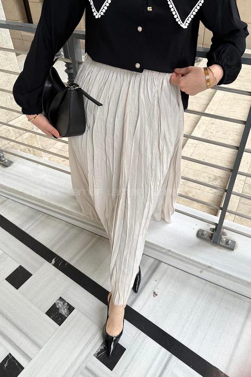 Lamelif Poplin Kraşlı Tesettür Etek Taş Rengi
