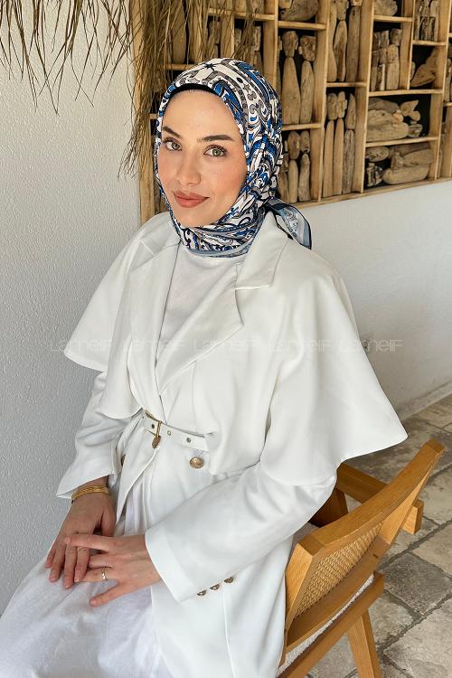 Lamelif Retro Desen Soft Eşarp Ekru Lacivert