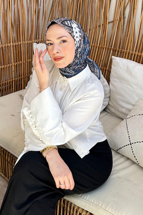 Lamelif Retro Desen Soft Eşarp Gece Mavisi