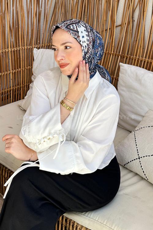 Lamelif Retro Desen Soft Eşarp Gece Mavisi