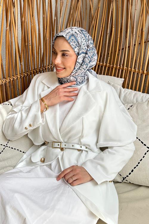 Lamelif Retro Desen Soft Eşarp Gri İndigo