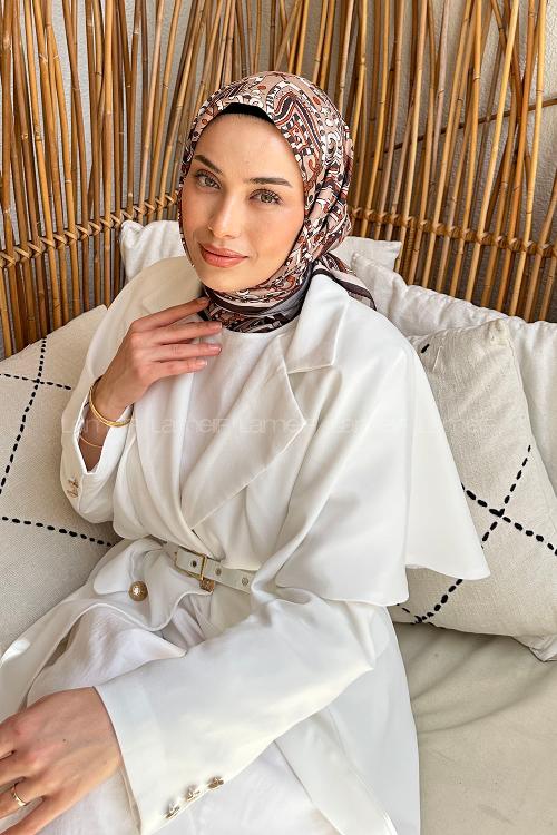 Lamelif Retro Desen Soft Eşarp Toprak Acı Kahve