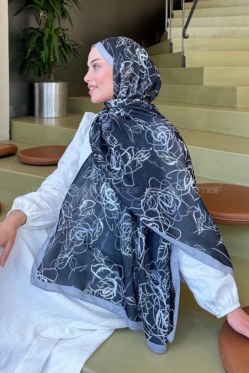 Lamelif Çicek Desen Soft Şal Siyah Gri