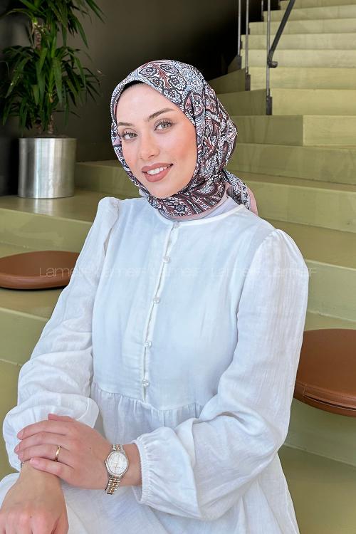 Lamelif Retro Desen Soft Eşarp Pudra Ekru