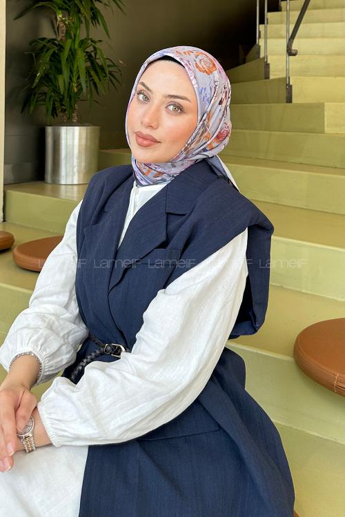 Lamelif Çiçek Desen Modal Eşarp Gri