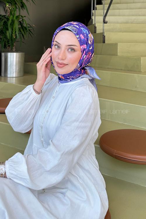 Lamelif Çiçek Desen Modal Eşarp Mor