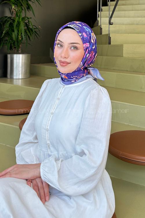 Lamelif Çiçek Desen Modal Eşarp Mor