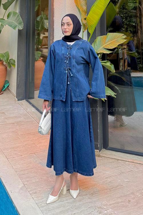 Lamelif Bağcık Detaylı Denim Takım Koyu Mavi