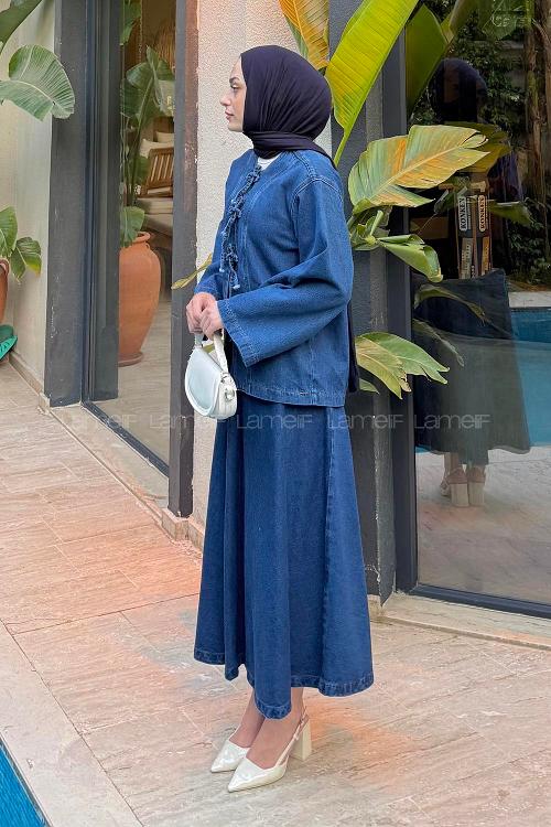 Lamelif Bağcık Detaylı Denim Takım Koyu Mavi