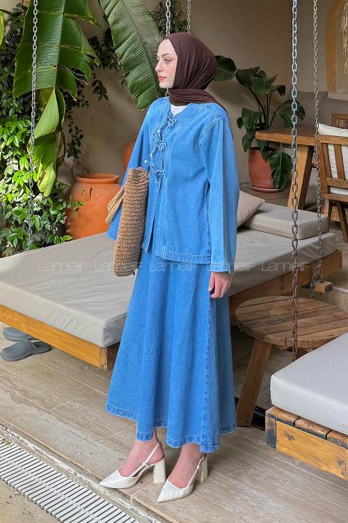 Lamelif Bağcık Detaylı Denim Takım Mavi