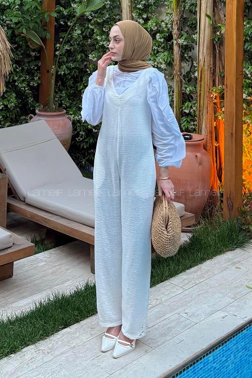 Lamelif Çift Cepli Tulum Beyaz