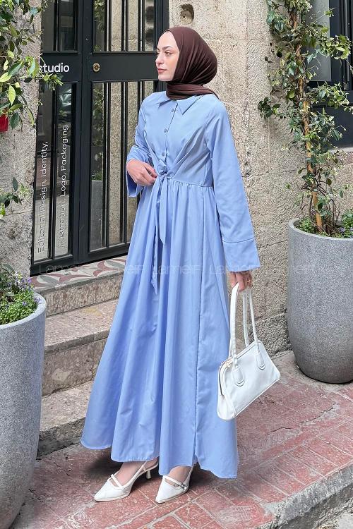 Lamelif Ön Bağlama Detaylı Tesettür Elbise Mavi