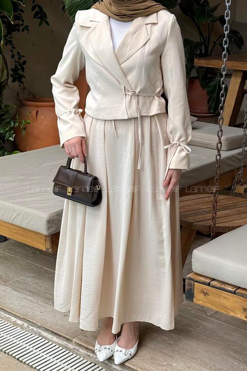 Lamelif Çift Yakalı Takım Krem