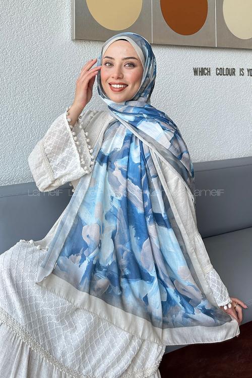 Lamelif Elegan Desen Soft Şal İndigo Taş