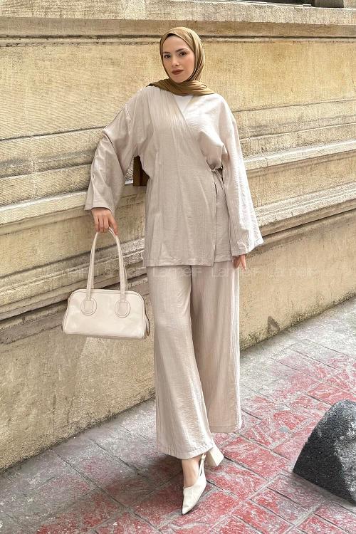 Lamelif Kimono-Pantolon Takım Taş Rengi
