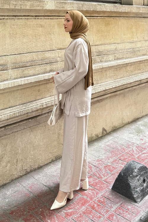 Lamelif Kimono-Pantolon Takım Taş Rengi