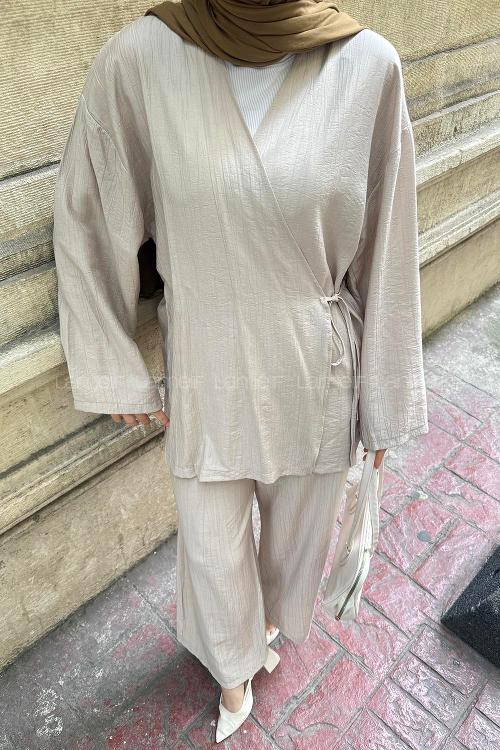 Lamelif Kimono-Pantolon Takım Taş Rengi