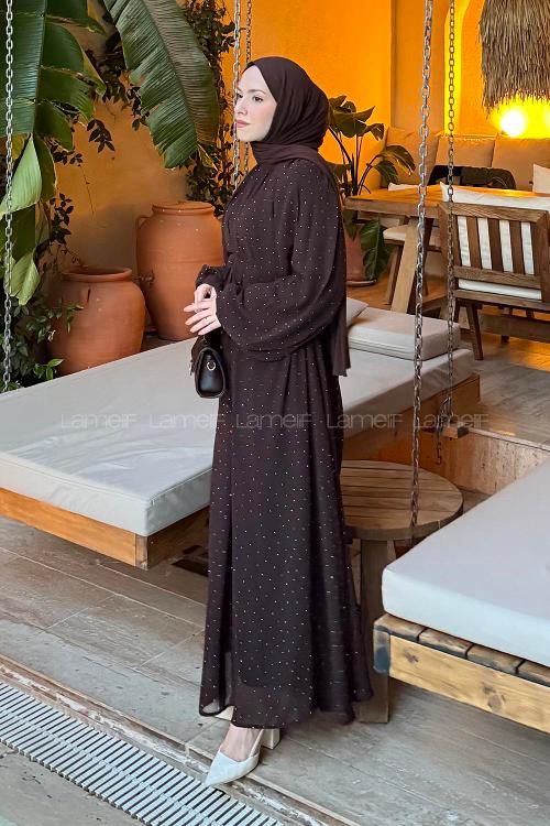 Lamelif Şifon Tesettür Elbise Acı Kahve