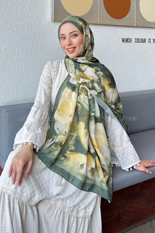 Lamelif Elegan Desen Soft Şal Haki