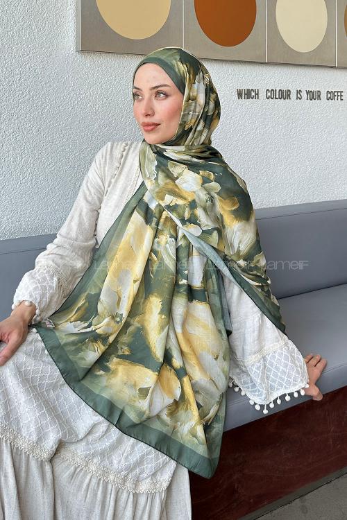 Lamelif Elegan Desen Soft Şal Haki