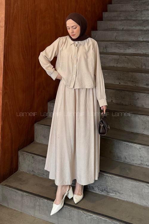 Lamelif Omuz Pile Detaylı Etekli Takım Taş Rengi