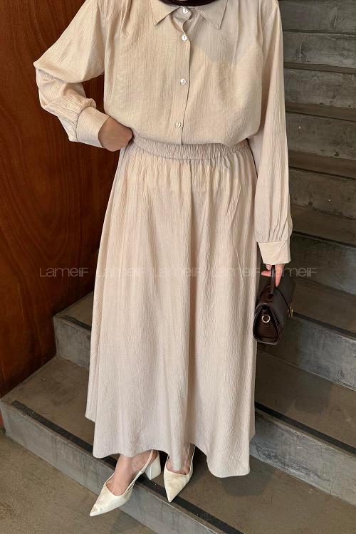 Lamelif Omuz Pile Detaylı Etekli Takım Taş Rengi