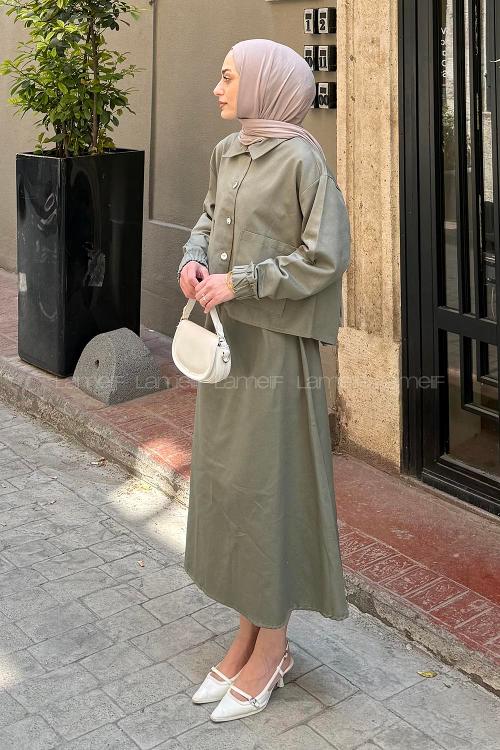 Lamelif Cep Detaylı İkili Etek Tesettür Takım Haki