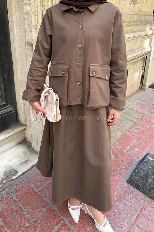 Lamelif Cep Detaylı İkili Etek  Tesettür Takım Kahve