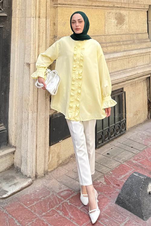 Lamelif Flores Fırfırlı Tunik Sarı