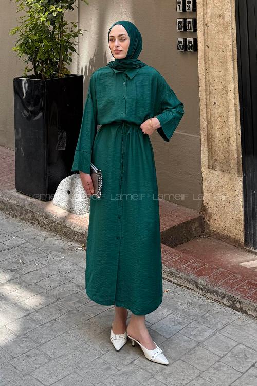 Lamelif Pat Detaylı Elbise Zümrüt Yeşili