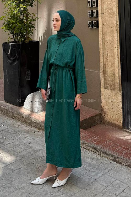 Lamelif Pat Detaylı Elbise Zümrüt Yeşili