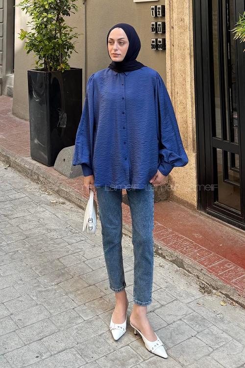 Lamelif Sedef Balon Kol Gömlek Lacivert