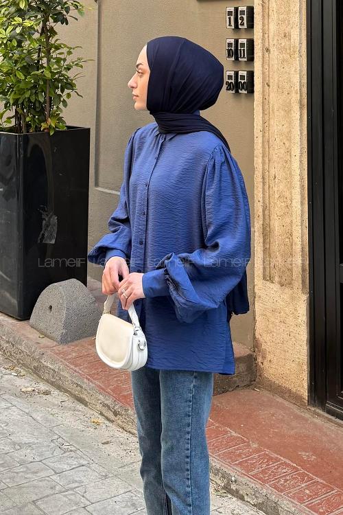 Lamelif Sedef Balon Kol Gömlek Lacivert