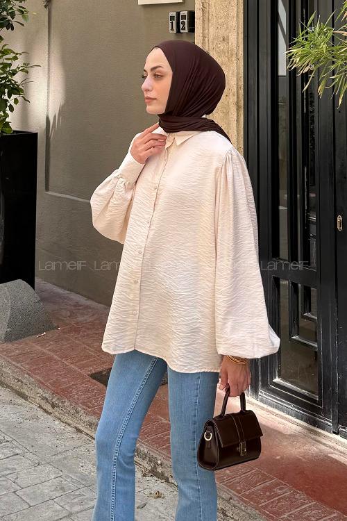 Lamelif Sedef Balon Kol Gömlek Taş Rengi